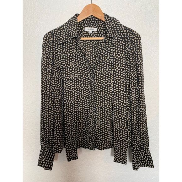 Re/Done 70s Tie Blouse in Beige and Black Croissant Print Size S - Picture 5 of 12